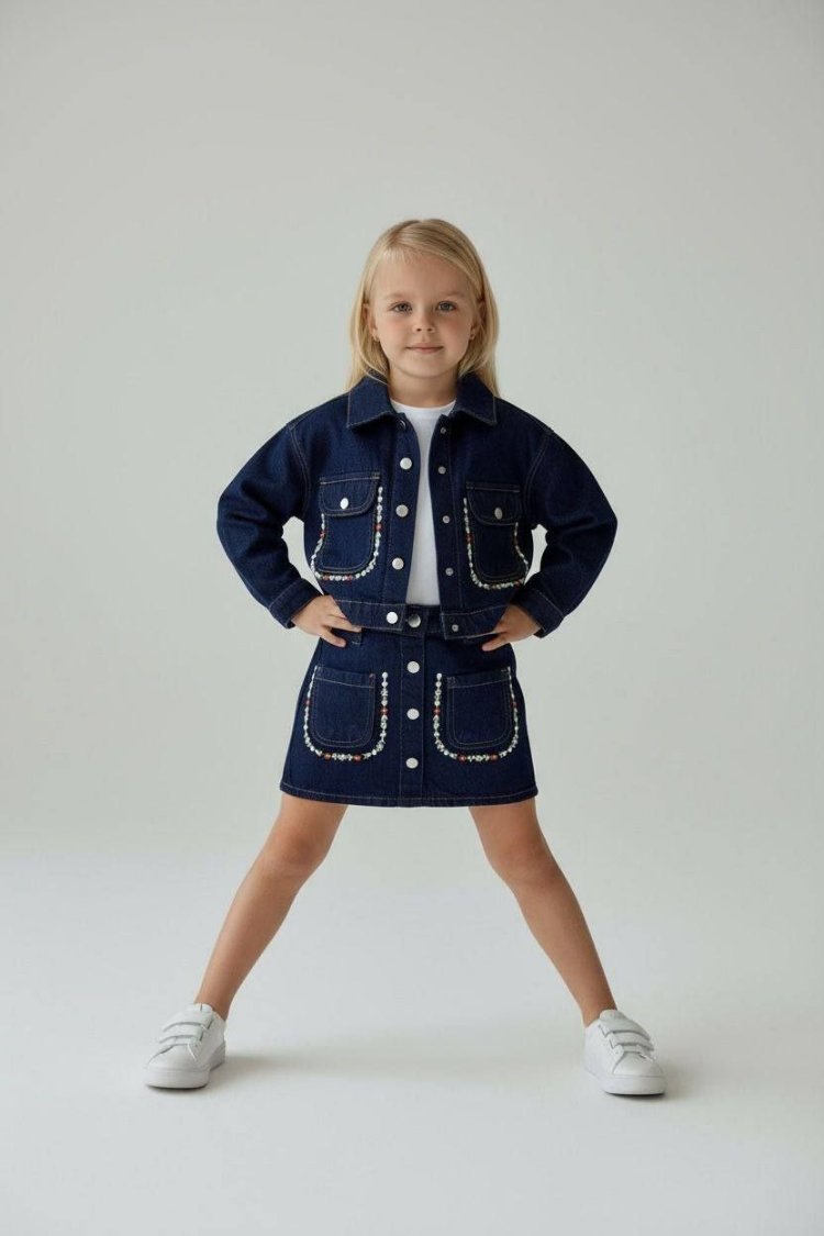Emirrkids_148e78eed83e187bfef3271925a87810 3 lü Nakışlı Denim Takım - Görsel 1