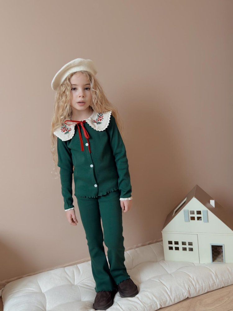 Emirrkids_fd742dc393001234b42cbfdde0201b29 Nakışlı Yaka Ribana Takım(Yeşil) - Görsel 1